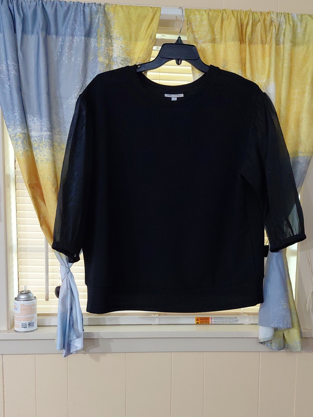 Prologue Black Crewneck Sweater with Sheer Puff Sleeves